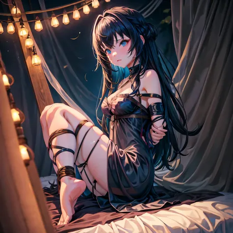 one girl tied up by another one,(bright lighting,romantic setting),dreamy background,bondage,dark hair, mesmerizing gaze, , soft skin, alluring beauty, artistic portrait, high-quality image, vibrant colors, long silk nightgown, in the bed, mosquito net,bon...