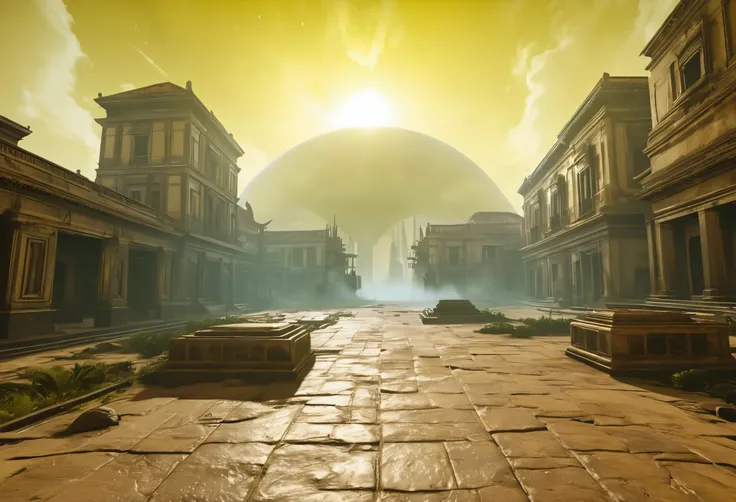 VR First Person, Alien Scenes, VR Operator Interface, Realistic Virtual Scenes, Empty Land, Blurred Oversized Ancient Buildings in the Distance, Alien Civilizations, Diffuse Light Yellow Mist, Best Quality, Masterpieces