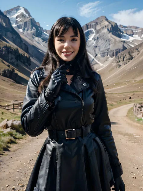 betty page smiling acting funny looking girl with and blue eyes and black leather coat  gloves and a skirt on the endge of a montain and the photo is taken from up front 4k, 8k iperdetailed