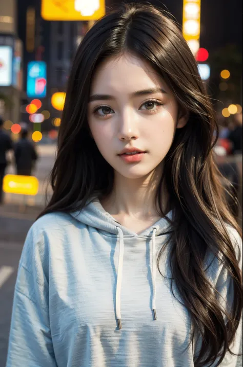 extremely detailed eyes, extremely detailed face, best quality ,masterpiece, extremely detailed, ultra-detailed, (realistic, photo-realistic:1.3), (facing front), looking at viewer, oversized hoodie, night time, (street of japan), passport picture, 1 girl ...