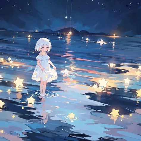 an ocean of stars, night sky, colorful, ethereal, charming girl in a white sheer babydoll dress, white hair, walking on the water, Her smile was filled with tenderness and joy, giant crescent white moon dipping into the water in the background