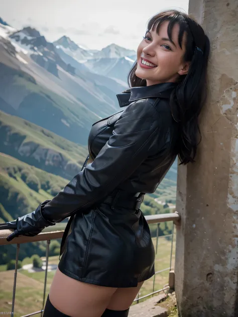 betty page sweaty smiling sensual looking girl with and blue eyes and black leather coat  gloves and a skirt on the endge of a montain ,laughing, clutching her breasts, and the photo is taken from her side 4k, 8k iperdetailed