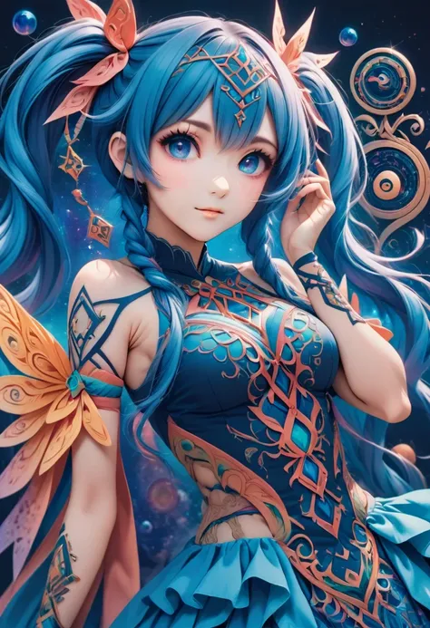 **zentangle and origami-inspired magical anime character image generation (blue hair - multiple full-body poses):**

generate an...