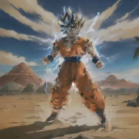 generate a stunning artwork featuring goku from dragon ball z standing in a desert battlefield, exuding power and victory. depic...