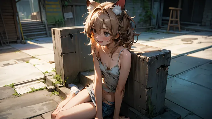 ((Masterpiece)), ((best quality)), 8K, cinematic lighting, (very messy hair), stooped posture, Forward leaning posture, (Leaning on concrete walls), exposed small breast, (badly tattered and torn camisole), (tattered and torn skimpy camisole, dirty white c...