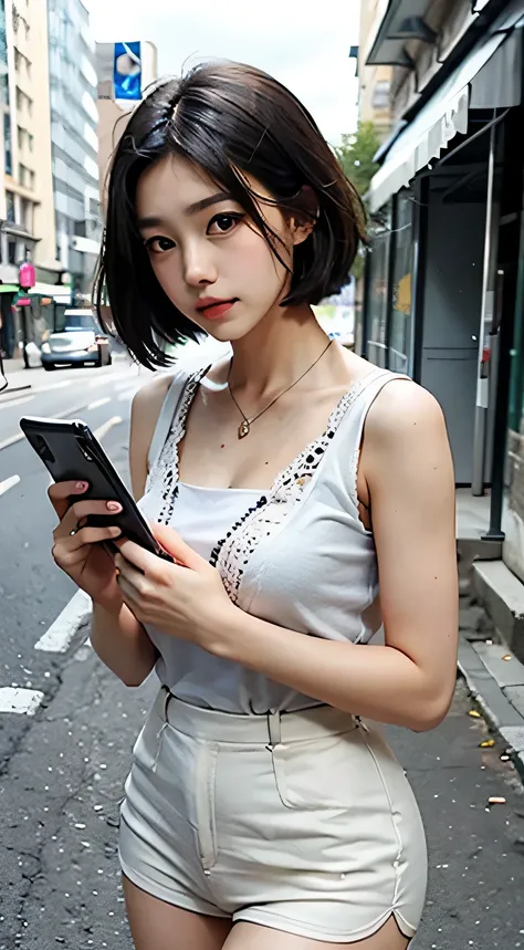 Beautiful woman, fiddling with cell phone in the middle of the street, short clothes