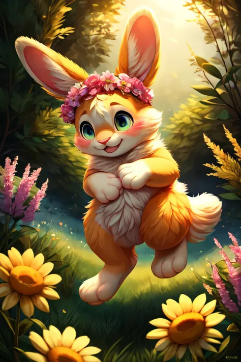 medium:bunny,fluffy fur,adorable eyes,playful ears,innocent expression,cuddly,soft touch,easter-themed,flower crown,green meadow,pink nose,paw prints,bunny tail,cheerful atmosphere,beautiful spring day,delicate flowers,vivid colors,sunshine,joyful,happy,bo...