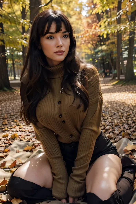 Generate full body photography of Autumn, the stunning Bettie page influencer. She should appear in her mid-20s, approximately 54" tall, with long, wavy chestnut hair that falls gracefully on her shoulders. She has an athletic hourglass figure accentuated ...