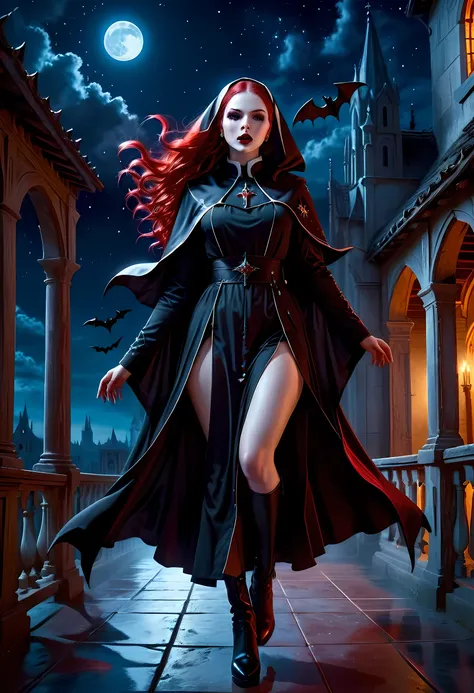 a picture of an exquisite beautiful female (nun: 1.3) vampire standing under the starry night sky on the porch of her monastary,...