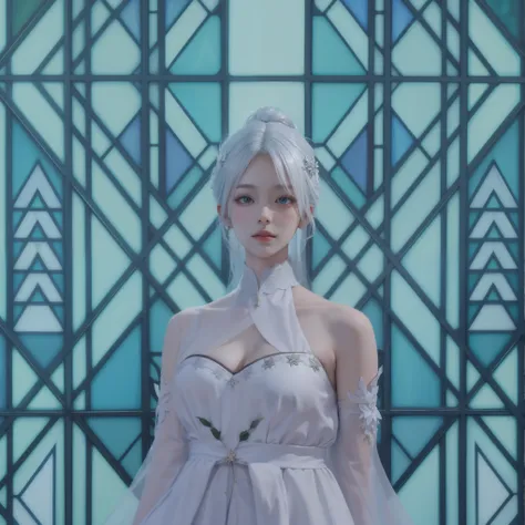 there is a woman in a robe blanche standing in front of a stained glass window, inspired by Sim Sa-jeong, dressed like a cleric, ((une belle impératrice fantastique)), white-haired deity, robe blanche!! silver hair, une belle impératrice fantastique, pale ...