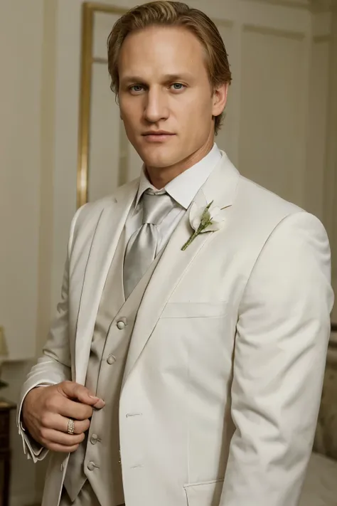 Woody Harrelson, tuxedo, Wedding, white flower in buttonhole, Wedding suit, still from the film, blonde hair, portrait, Elderly 