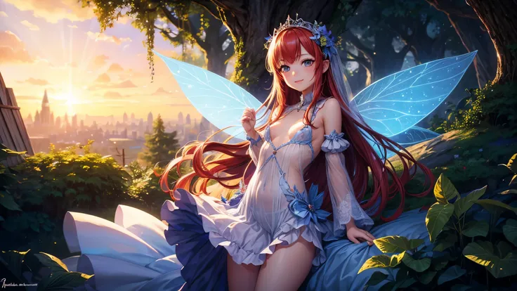 fullnuse, ( Absurd, High quality, ultra-detailed, masterpiece, concept art, smooth, highly detailed artwork, hyper-realistic painting ) , young, tiny , allured, cute, whole body, Romantic, Vivid, dreamy, fantasy, (no bra), fairy wings, in the forest, encha...