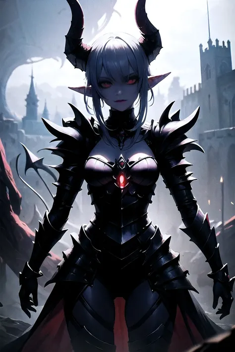 Foggy fortress, misty, mutated, sophisticated, devil queen, Zelda, demon claws, female creature, cursed armor, 