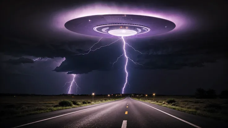 a fantastic flying saucer,in clear focus,a UFO is visible from dark clouds in a check,purple lightning,a thunderstorm and a ufo appears from a thundercloud,a nebula,and on earth the road goes into the distance,the asphalt glitters from the light of lightni...