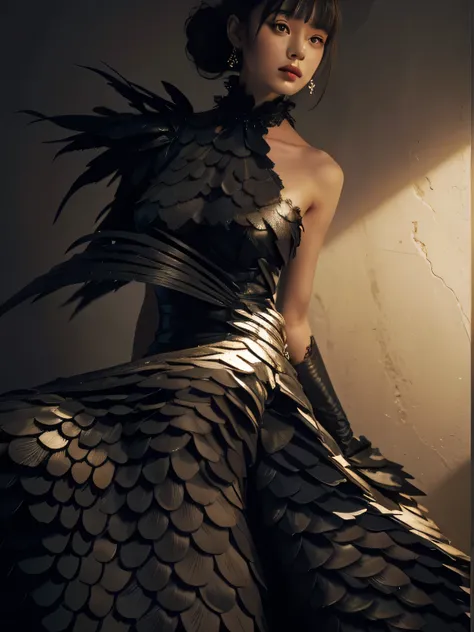 a woman in a dress made of scales sitting on a chair, dress made of feathers, alexander mcqueen haute couture, by Alexander McQueen, iris van herpen rankin, an intricate dress, dress made of steel blades, iris van herpen, intricate costume design, iris van...