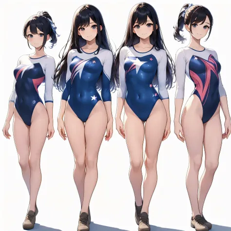 ((full body)),(masterpiece, best quality), (3 girls1.5) ,((Contrapposto:1.5)), looking at viewer, walking,((v_arms:1.2)), wearing gymnastics_longsleeves_leotard_outfit leotard:1.3),(blue leotard) ,(stars print:1.3), BREAK masterpiece black hair, ((long hai...