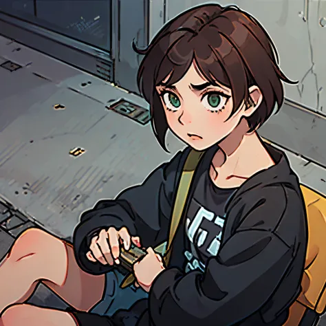 androgynous and tomboy girl, very short hair, dark brown hair, messy hair, sit in the streets, street clothing, playing a harmon...