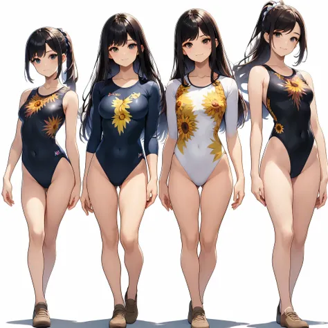 ((full body)),(masterpiece, best quality), (3 girls1.5) ,((Contrapposto:1.5)), looking at viewer, walking,((v_arms:1.2)), wearing gymnastics_longsleeves_leotard_outfit leotard:1.3),(green leotard) ,(sunflowers print:1.3), BREAK masterpiece black hair, ((lo...