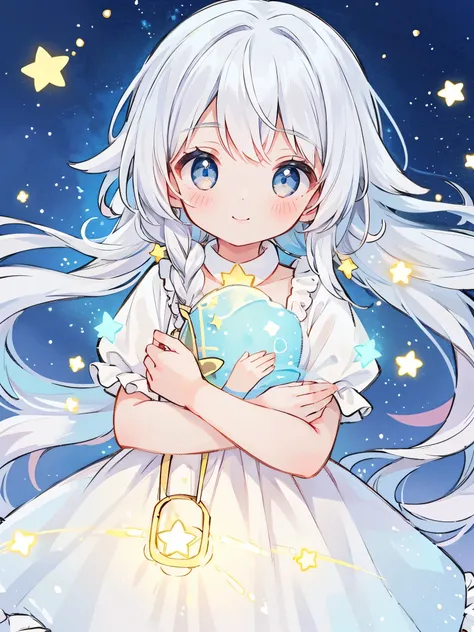 beautiful girl with white hair holding an armful of (((colorful glowing stars))) in her arms, her smile radiates innocence and joy, all the light comes from the stars in her arms, she wears a long flowing sheer translucent white dress, her eyes sparkle lik...