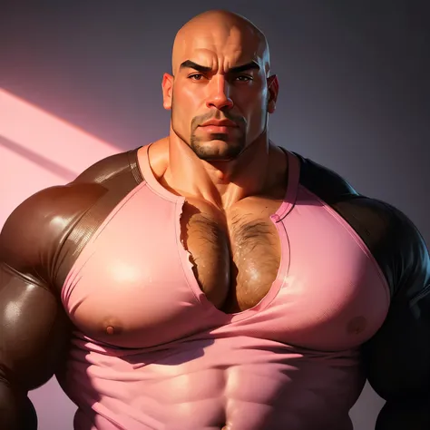 an exaggeratedly muscular and large bald bodyguard, mixed race, (wearing a raglan shirt: 1.2), shirtless, (exposed pecs: 1.1), (bara pecs: 1.3), (hairy chest: 1.1), portrait HD, pink background light