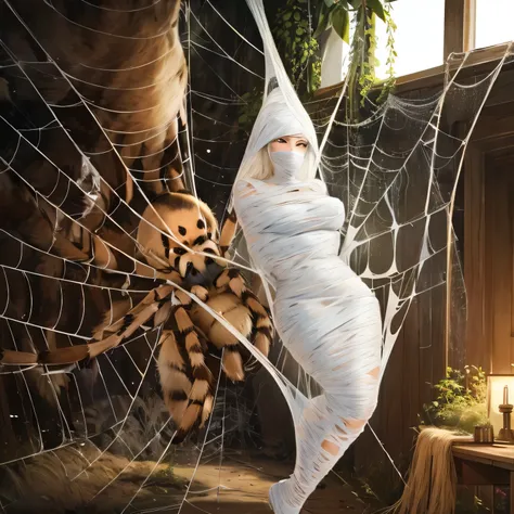 best quality,ultra-detailed,classroom,photorealistic,hanging,spiders in the web,long spider legs,beautiful girl,desperate struggle,entangled,despair,cocoon