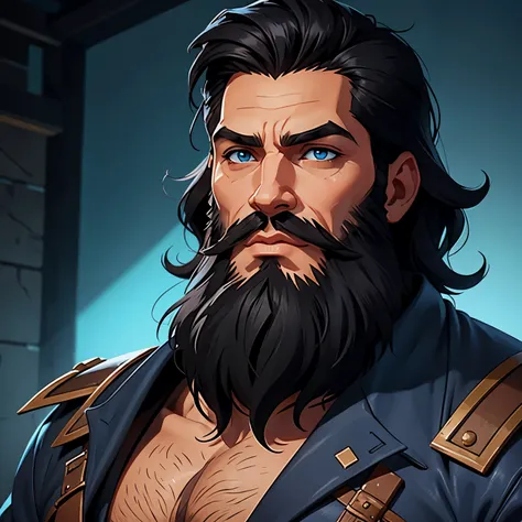 Create a man character with short black hair, with a fairly long beard but not too much, yeux bleu/verr 