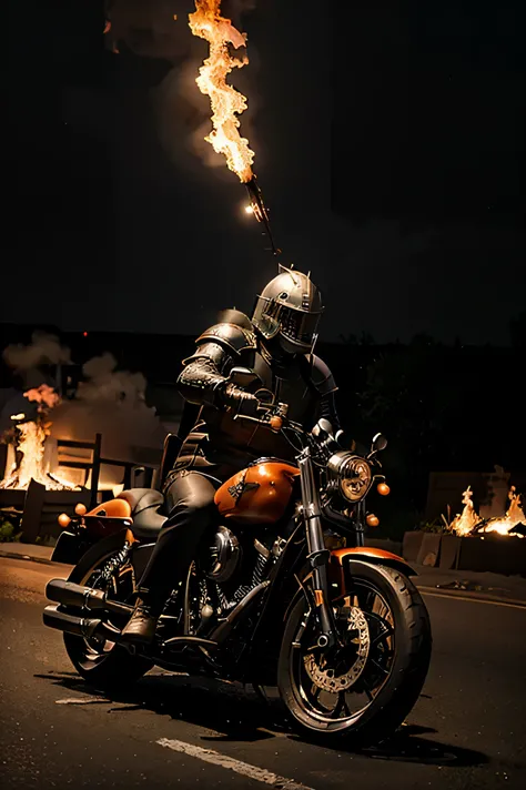 A medieval Black knight riding a Harley Davidson on fire with bar attitude