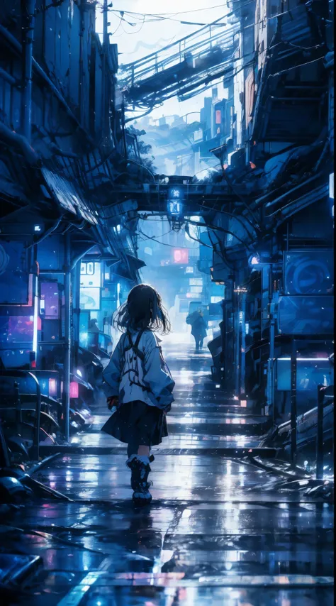 pinturas maestras,calidad optima,lluvia,mujer adulta,belleza、muy depresivo,Con pelo negro corto,esta llorando,Mirando hacia un cielo nublado、Neon street in the background、neon color is blue.
