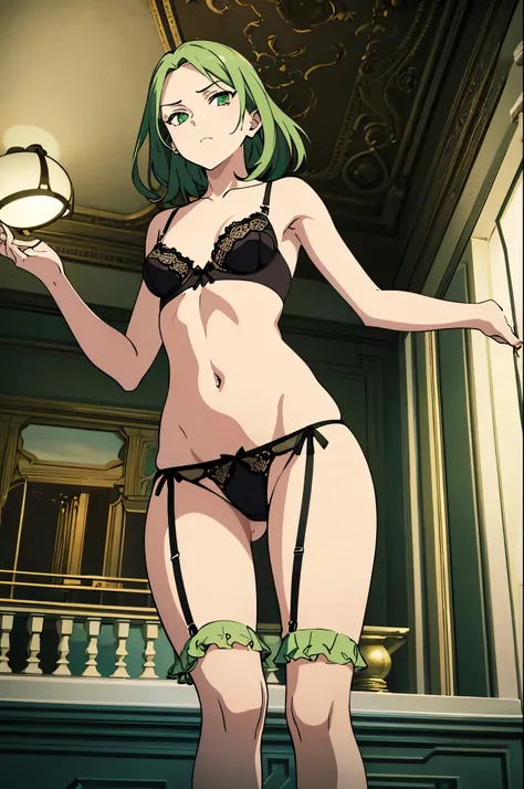 a sexy woman, (best quality), (masterpiece), (1girl), slim, anime, tall, (lingerie), (view from below), (green eyes), (flat chested)
