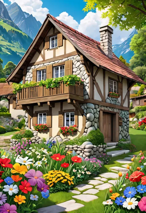  1 casinha de pedra pequena simples de pobre humilde , antiga,no meio de um jardim simples com flores de todas as cores ,Swiss house style
 , arte de qualidade, 8k ,