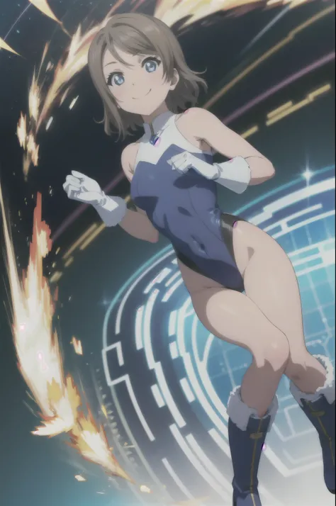 (((pixel-perfect, detail-perfect))), watanabe you, 1girl, leotard, spinning, time travel, super power, superhero, tornado, super tornado, whirlwind, twirling, super speed, bare legs, anime, super spin, standing straight, detailed, boots, gloves, rapid gyra...