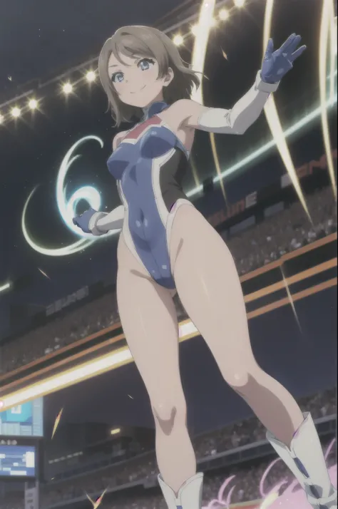 (((pixel-perfect, detail-perfect))), watanabe you, 1girl, leotard, spinning, time travel, super power, superhero, tornado, super tornado, whirlwind, twirling, super speed, bare legs, anime, super spin, standing straight, detailed, boots, gloves, rapid gyra...