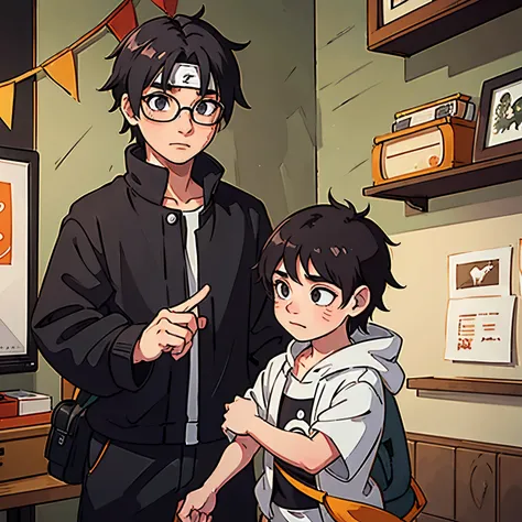 Naruto greeting a 10 year old boy with glasses and black hair