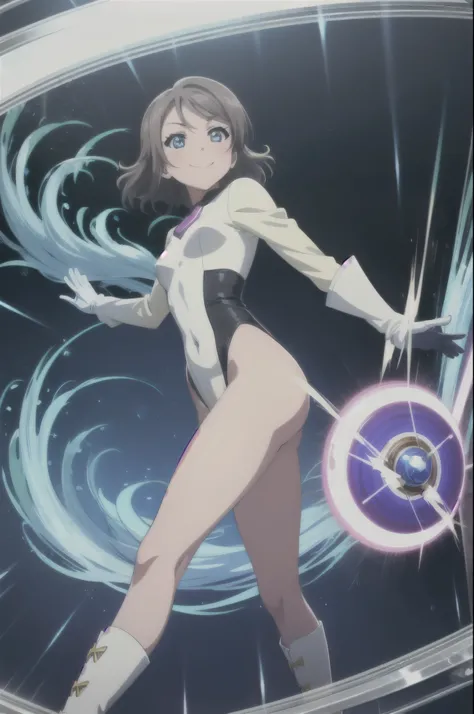 (((pixel-perfect, detail-perfect))), watanabe you, 1girl, leotard, spinning, time travel, super power, superhero, tornado, super tornado, whirlwind, twirling, super speed, bare legs, anime, super spin, standing straight, detailed, boots, gloves, rapid gyra...