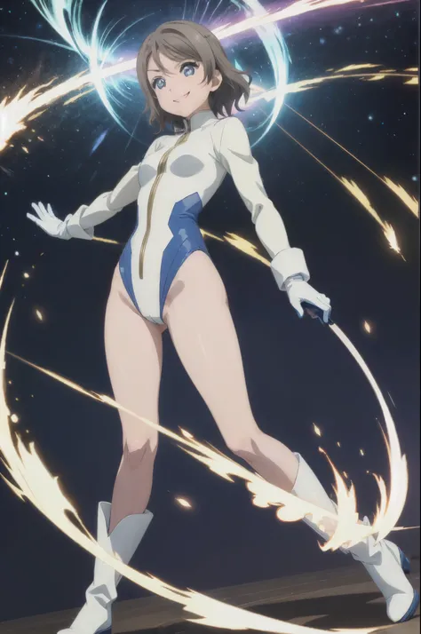 (((pixel-perfect, detail-perfect))), watanabe you, 1girl, leotard, spinning, time travel, super power, superhero, tornado, super tornado, whirlwind, twirling, super speed, bare legs, anime, super spin, standing straight, detailed, boots, gloves, rapid gyra...