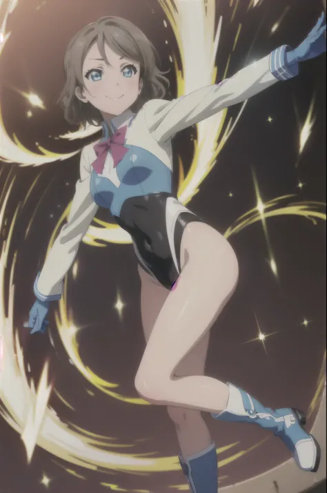 (((pixel-perfect, detail-perfect))), watanabe you, 1girl, leotard, spinning, time travel, super power, superhero, tornado, super tornado, whirlwind, twirling, super speed, bare legs, anime, super spin, standing straight, detailed, boots, gloves, rapid gyra...