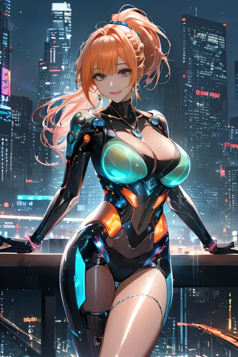 cyber city at night,(Gorgeous night view illumination:1.3).(Sexy super shiny orange transparent holographic mechanical cyberpunk suit:1.3) ,necklace,earrings, smile.sexy pose, (silver hair、Ponytail twisted buns decorated with elaborate braids and beads,Bra...