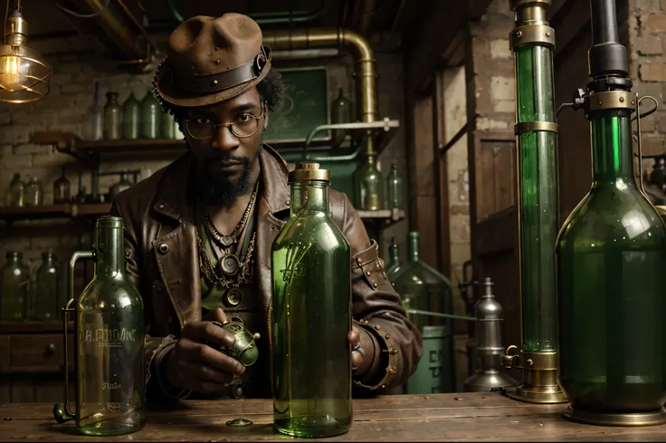 there is a green glass bottle with a brass handle on a table, in a steampunk laboratory, green steampunk lasers, vivid steampunk concept, beautiful green liquid, african steampunk alchemist, fantasy alchemist laboratory, steampunk setting, steampunk tech, ...