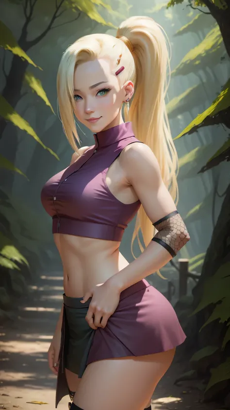 (masterpiece, best quality:1.2), solo, 1girl, yamanaka ino, smile, looking at viewer, hair over one eye, ponytail, hairclip, crop top, sleeveless, skirt, fishnets, earrings, midriff, forest
