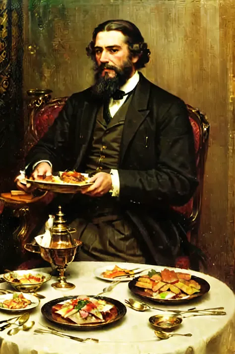 arafed man with long hair and beard sitting at a table with a plate of food, kramskoi 4 k, portrait of professor sinister, portrait of a victorian duke, luis ricardo falero, portrait of a victorian era duke, kramskoi, tom bagshaw portrait, rasputin as grub...