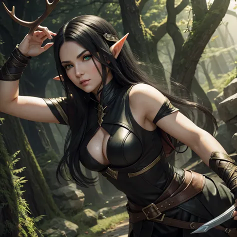 Make me a female elf assassin, who has black hair, green eyes and antlers