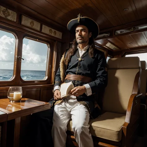 Portuguese navigator from the year 1500 dressed in character inside a caravel on the rough seas