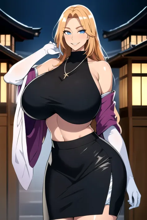 masterpiece, best quality, matsumoto rangiku, beautiful lighting, long hair, turtleneck, crop top, pencil skirt, underboob, necklace, gigantic breasts, standing, looking at viewer, blue eyes, smile, japanese architecture, cowboy shot, shiny skin, gigantic ...