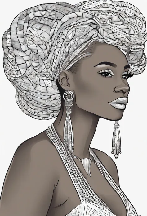 line draw with crisp line draw beautiful feminine black woman with white braided hair, frontal, high quality, coloring book, hand-art, there is no color and no shading on her skin or hair, her skin and hair are white line draw for a page in a coloring book...