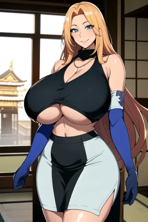 masterpiece, best quality, matsumoto rangiku, beautiful lighting, long hair, turtleneck, crop top, pencil skirt, underboob, necklace, gigantic breasts, standing, looking at viewer, blue eyes, smile, japanese architecture, cowboy shot, shiny skin, gigantic ...