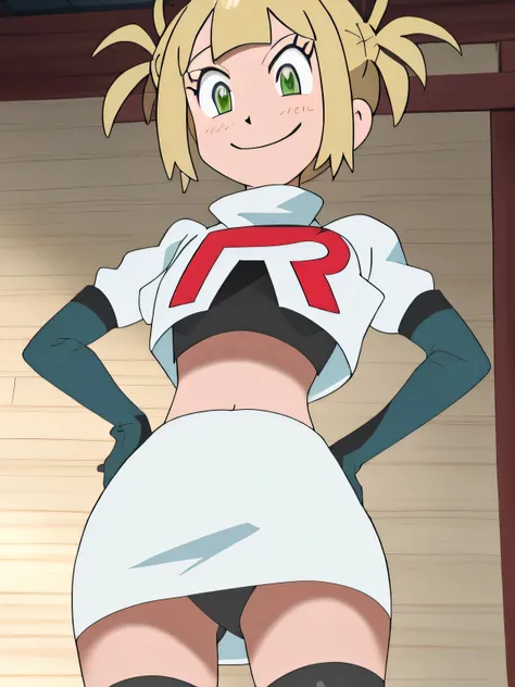 8k, masterpiece,highres, team rocket uniform, red letter r, white skirt,white crop top,black thigh-high boots, black elbow gloves, evil smile, looking down at viewer, hands on hips, cowboy shot, from below, black panties, toga himiko