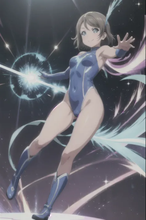 (((pixel-perfect, detail-perfect))), watanabe you, 1girl, leotard, spinning, time travel, super power, superhero, tornado, super tornado, whirlwind, twirling, super speed, bare legs, anime, super spin, standing, detailed, boots, gloves, rapid gyration, smi...