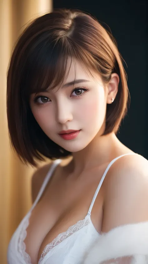 1 girl, highest quality, 35mm lens, f/1.8, perfect skin, realistic, (adult face:1.2), 8K, award winning photography,nice, (portrait:0.6), cinematic, ultra high resolution,big breasts,cleavage,short hair
