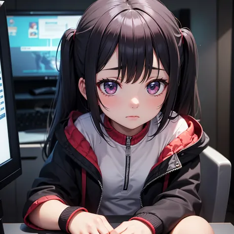 1girl, only one girl, looking at the audience, depressed face, gloomy vibe, wearing a jacket, at gaming room, close up shot