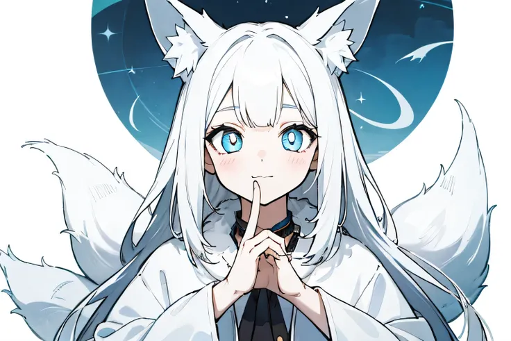 normal diagram，Fine fingers（detail fingers），Very cute Q version girl with fox ears，Has furry earlat-chested ，White hair，Light blue pupils, two tails, 